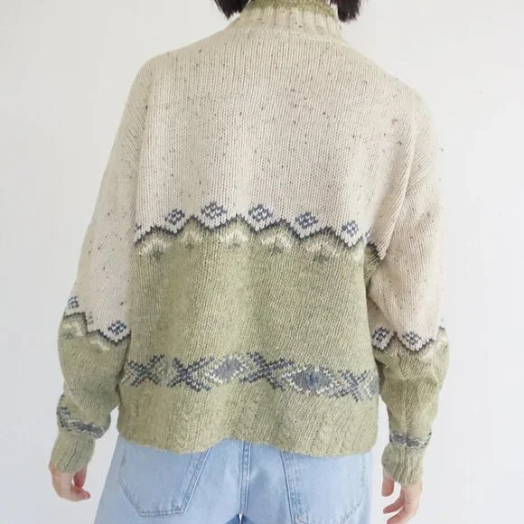 Vintage St Johns Bay Green Cream Fair Isle Snowflake Nordics Wool Knit Sweater L - Picture 2 of 10